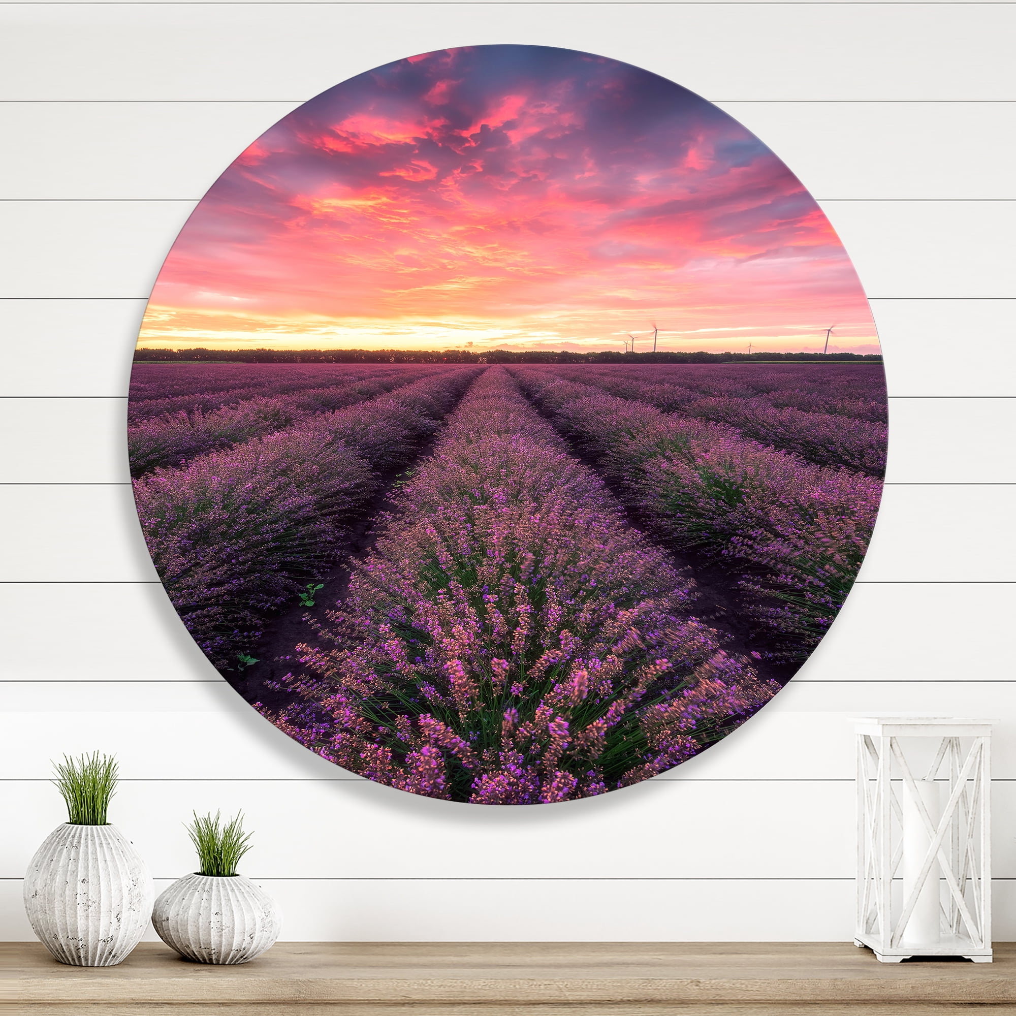Designart 'Dramatic Clouds and Sunrise Over Lavender Field XIV' Farmhouse Circle Metal Wall Art 11x11 - Disc of 11
