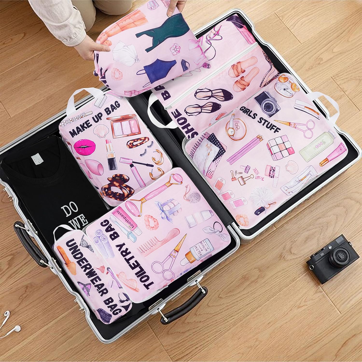 Compression Packing Cubes for Suitcases, 6 Set Travel Luggage Organizer Bags, Lightweight Waterproof Smell Proof Girls Stuff Packing Cubes as Travel Accessories for Women