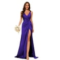 thumbnail image 3 of Vestidos de dama de honor con cuello en V y cintura fruncida de satén plisado vestido de fiesta formal YMS277, 3 of 5
