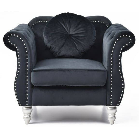 Hollywood Black Chesterfield Tufted Velvet Accent Chair with Round Throw Pillow