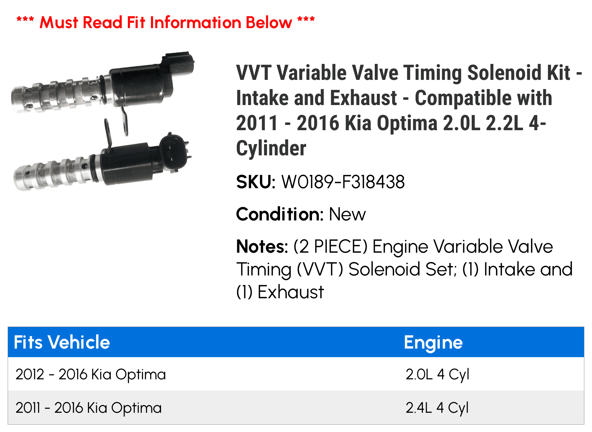 VVT Variable Valve Timing Solenoid Kit Intake and Exhaust Compatible  with 2011 2016 Kia Optima 2.0L 2.2L 4-Cylinder 2012 2013 2014 2015 