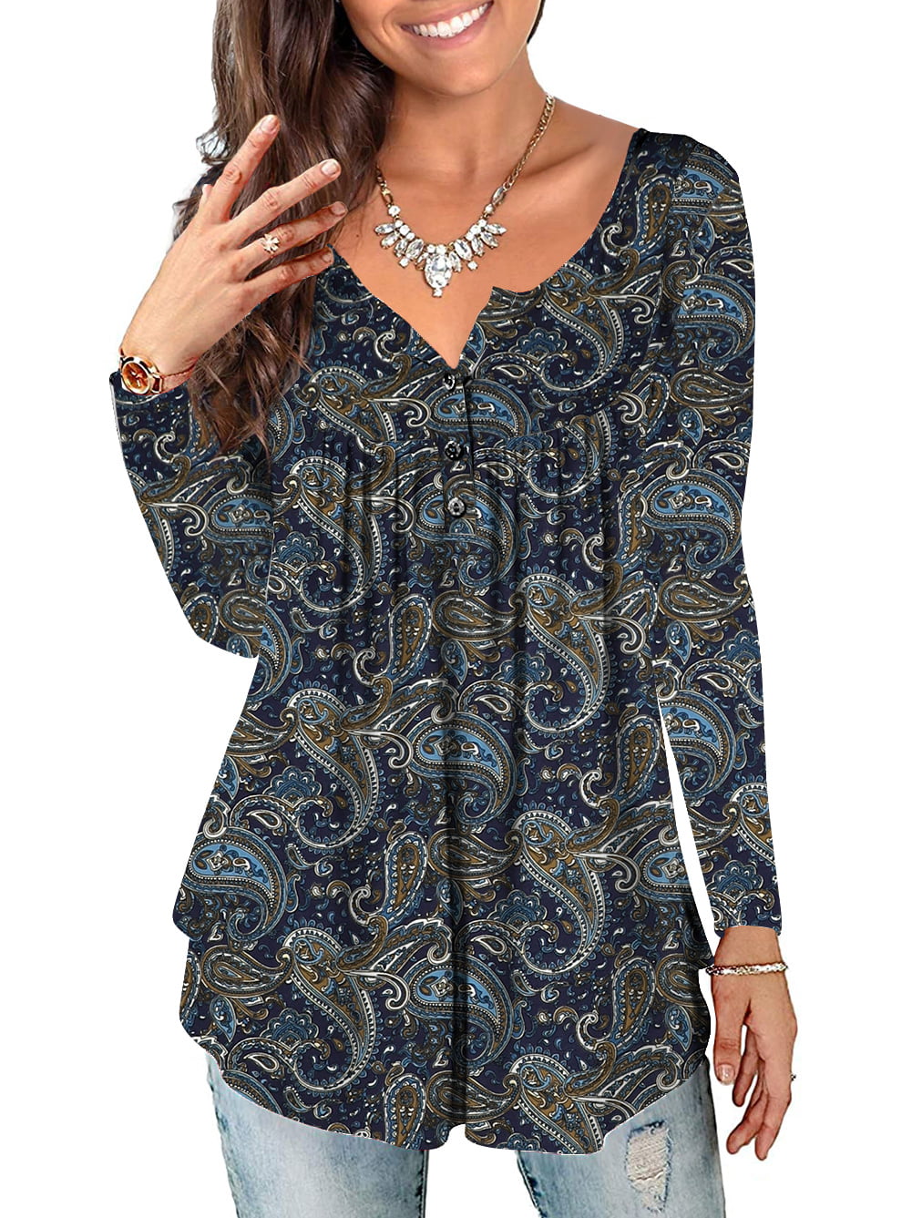Traleubie Plus Size Tunic Tops Long Sleeve Casual Floral Printed Henley ...