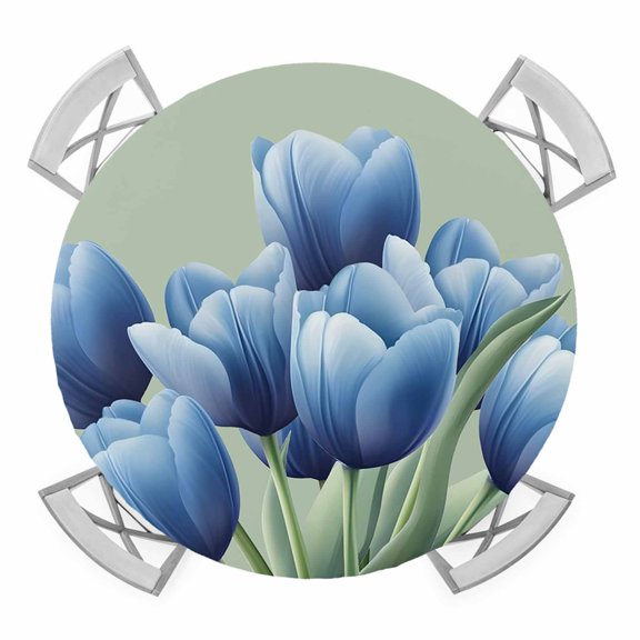 Navy Blue Tulip Round Tablecloth for 36-44 Inch Tables,Fitted Table Cover with Elastic Edge,Chic Elegant Flowers Botanical Sage Green Waterproof Outdoor Table Cloth Protector for Patio Garden Dinner