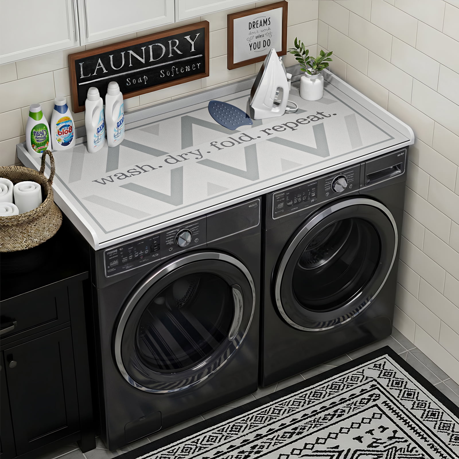 27.6" D x 54" W Wood Washer Dryer Countertop with Anti-Slip Pad, Laundry Room Organization Set, Dryer Covers for The Top with Edge Rails, Washer Dryer Topper for Laundry Room, White