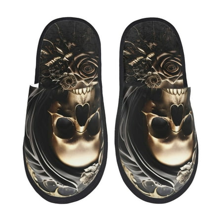 

Honeii Gold Rose Skull print Slippers Memory Foam House Bedroom Slippers for Women and Men Fuzzy Plush Comfy Faux Fur Lined Slide Shoes-Medium
