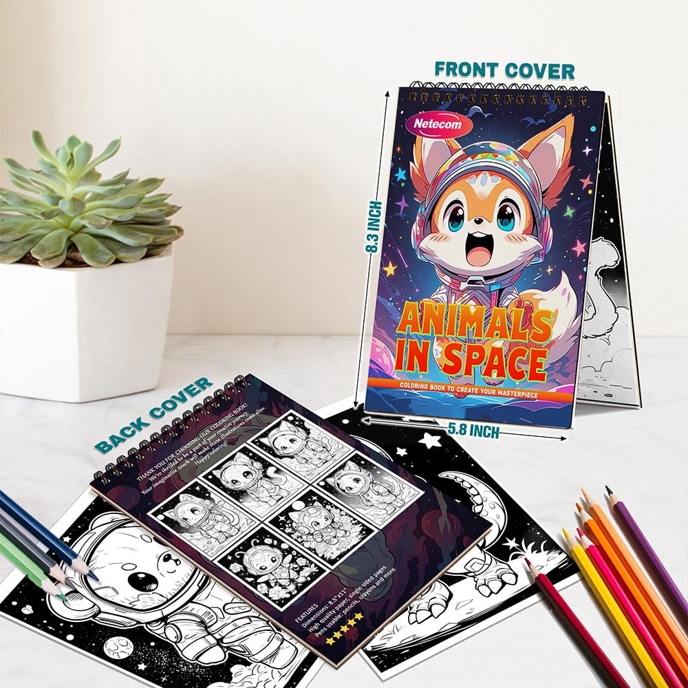 Animals In Space Coloring Book Spiral Bound For Adults, A5 Wooden Cover, 30 Dreamy Coloring Pages of Animal Journeys in cosmos for Stress Relief and Relaxation