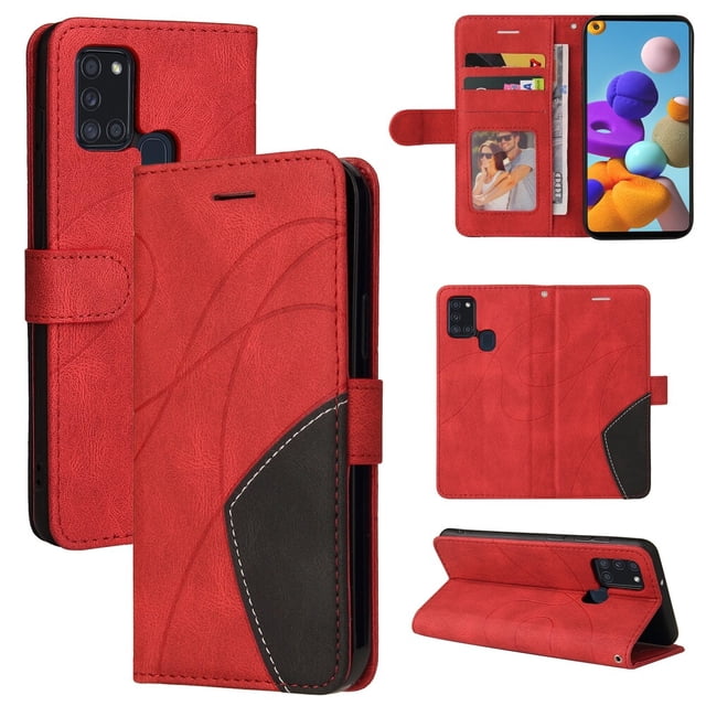 Case for Samsung Galaxy A21S Leather Wallet Book Flip Folio Stand View Cover - Red