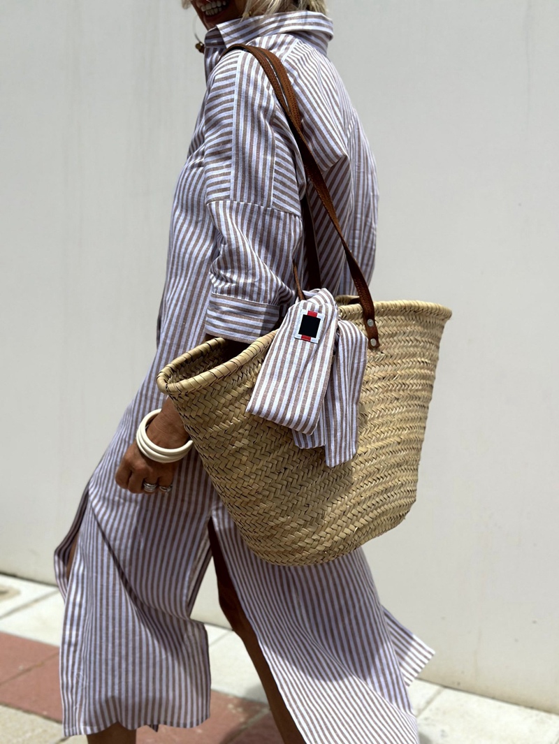 Women'S Shirt Dress Casual Lapel 3/4 Sleeve Button-Down Collar Slit Tie Resort Maxi Dress Brown S