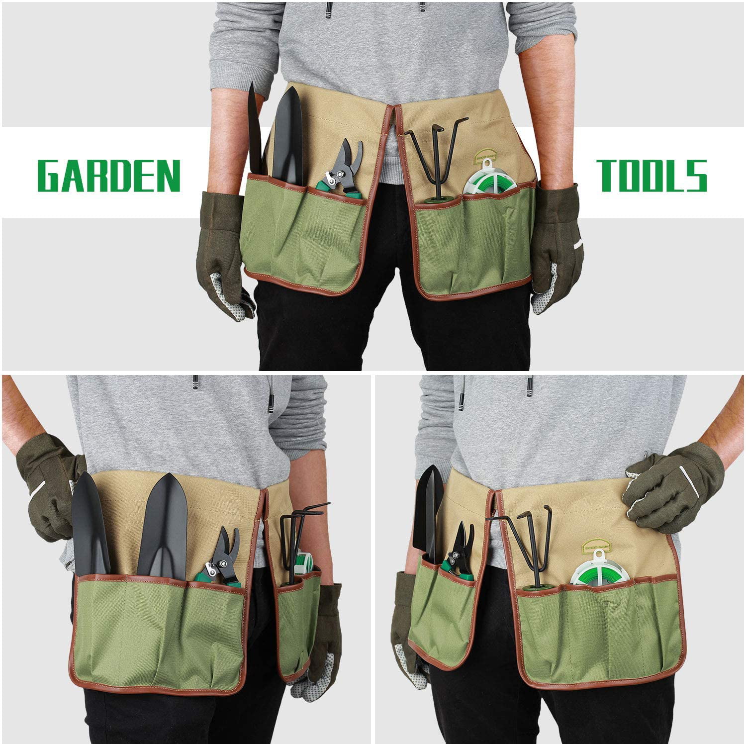 Gardening Tools Waist Belt Bag Organizer 8 Pockets Heavy Duty Holder Green 