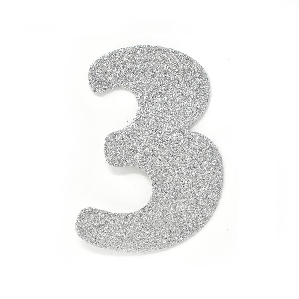 EVA Glitter Foam Number Cut Out "3", Silver, 41/2Inch, 12Count