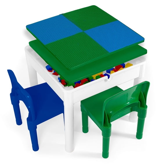 Play Platoon Kids Activity Table Set - 5 in 1 Activity Table, Water Table, and Building Block Table with Storage - Includes 2 Chairs and 25 Ex-Large Blocks - Blue and Green Activity Table