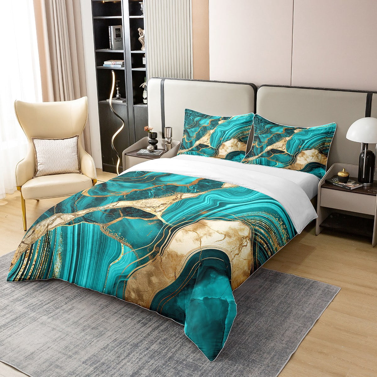 Erosebridal Green Gold Marble Duvet Cover King, Marbling Crack Print Bedding Set For Women, Abstract Metallic Texture Comforter Cover, Luxury Shinny Room Decor Boho Hippie Fluid Quilt Cover Cover