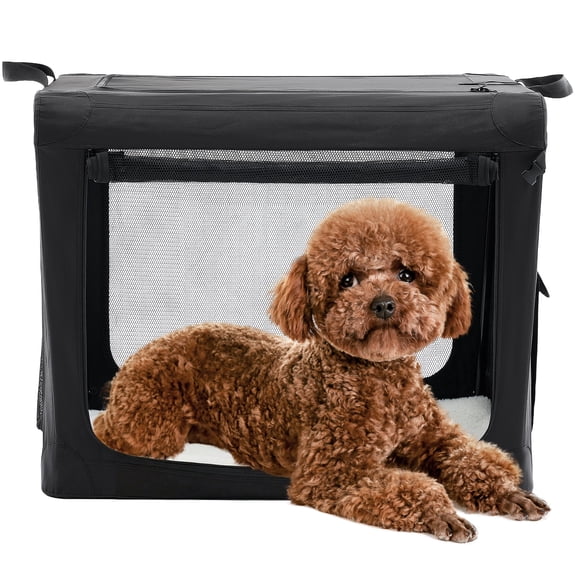 Sweetcrispy Portable Soft-Sided Dog Crate, Folding Travel Kennel with 3 Doors & Storage Pocket, Lightweight Oxford Fabric, Black, 30 lb Limit