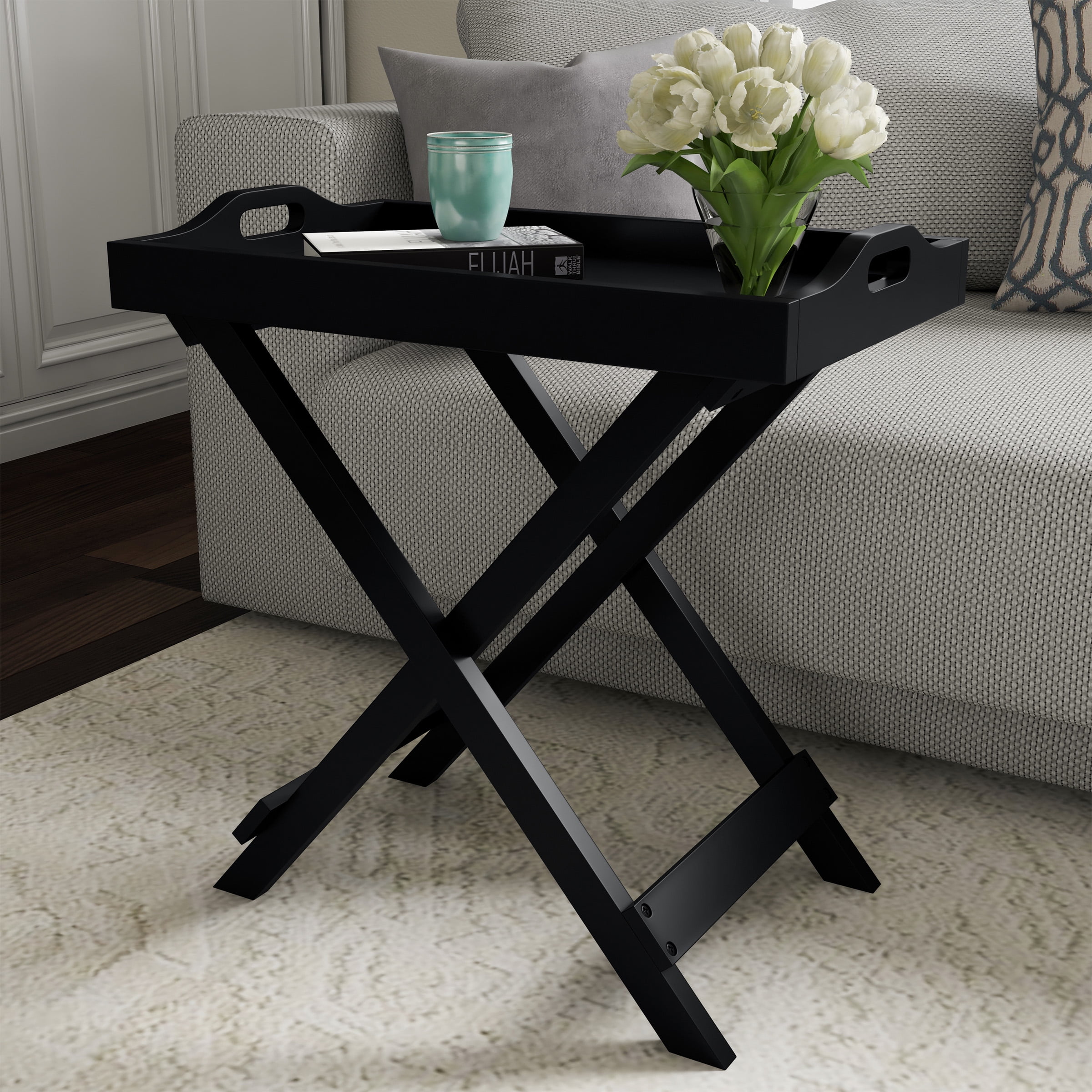 Lavish Home Folding End Table with Removable TV Tray, Black