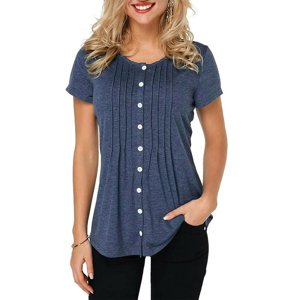 Colisha - Women Short Sleeve Button Up Front Tops T Shirts Casual Baggy ...