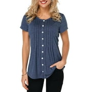 Lumento Women Short Sleeve Button Down Pleated Tops Shirts Loose Solid Color Tunic Blouse Navy Blue S