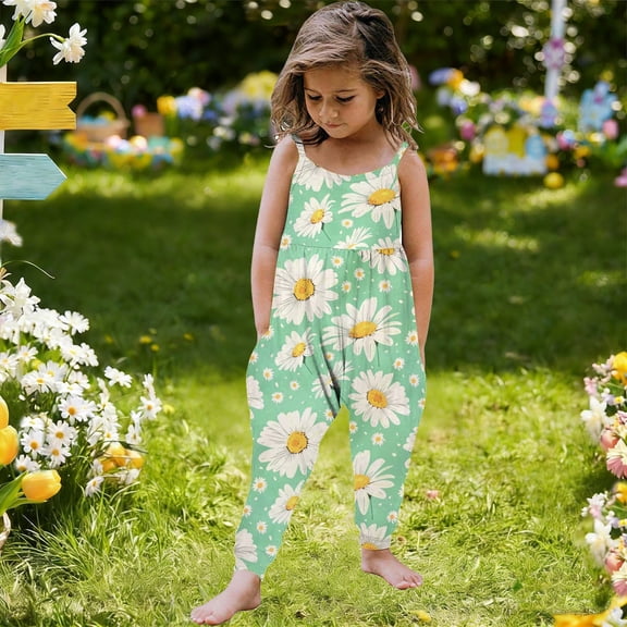 Rvasteizo Girls Jumpsuit Sleeveless Strap Open Back Print Outer Kids Long Pants for 1-6 Years
