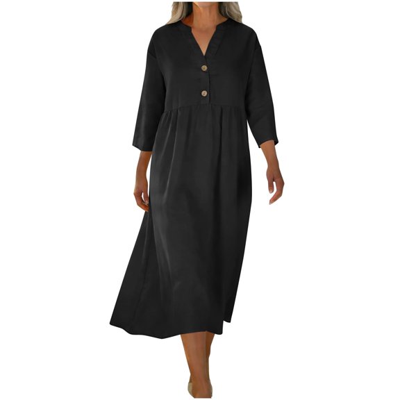 BRGZLK Midi Dresses for Women 3/4 Sleeve Button-Down Split V Neck Solid Color Sundress A Line Flowy Boho Wedding Guest Dress Black M