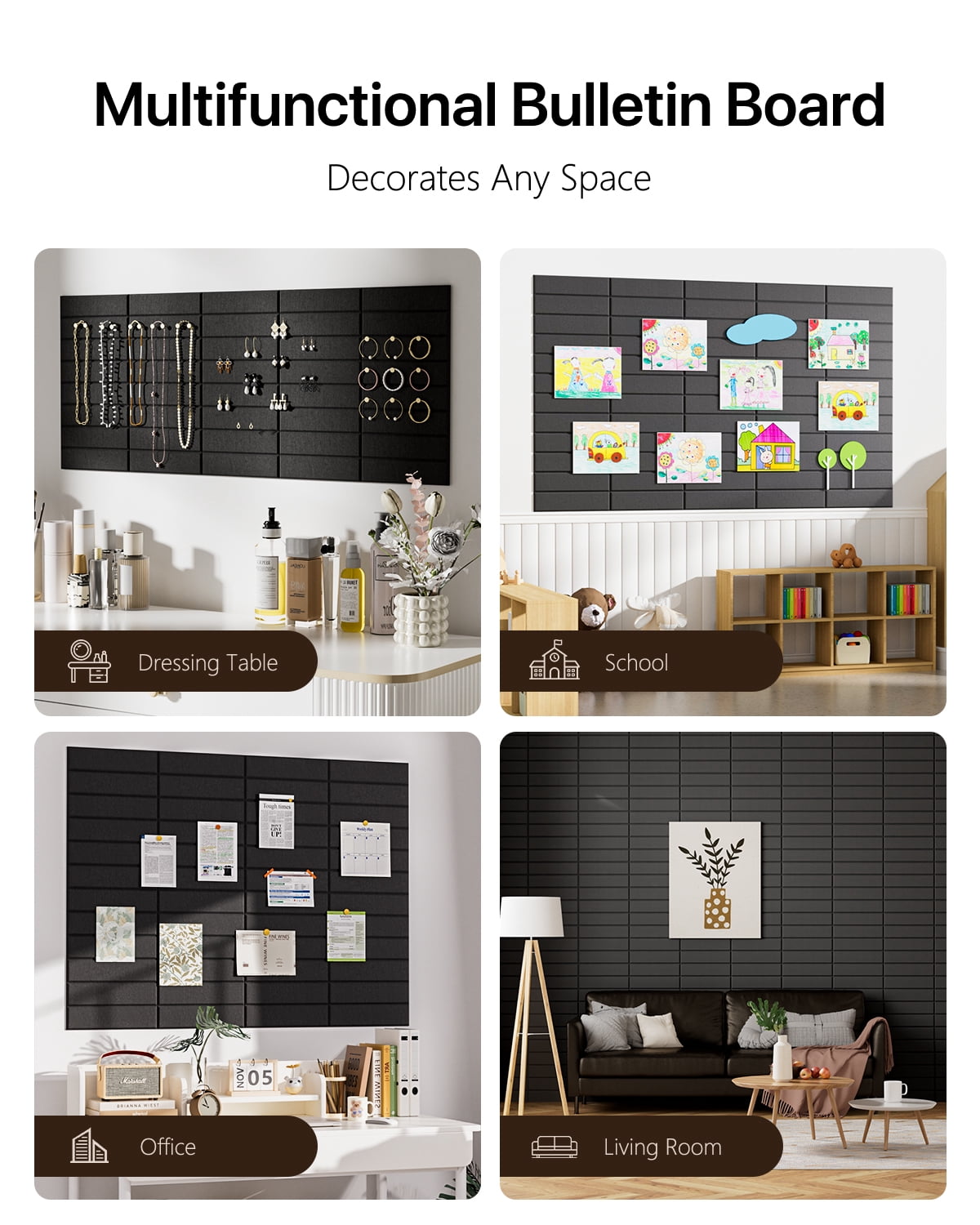 Large Cork Board, 12 Pack 12"X12"X0.4" Felt Bulletin Board Tiles with Self Adhesive for Wall Home Office Decor, Pin Cork Boards-Black