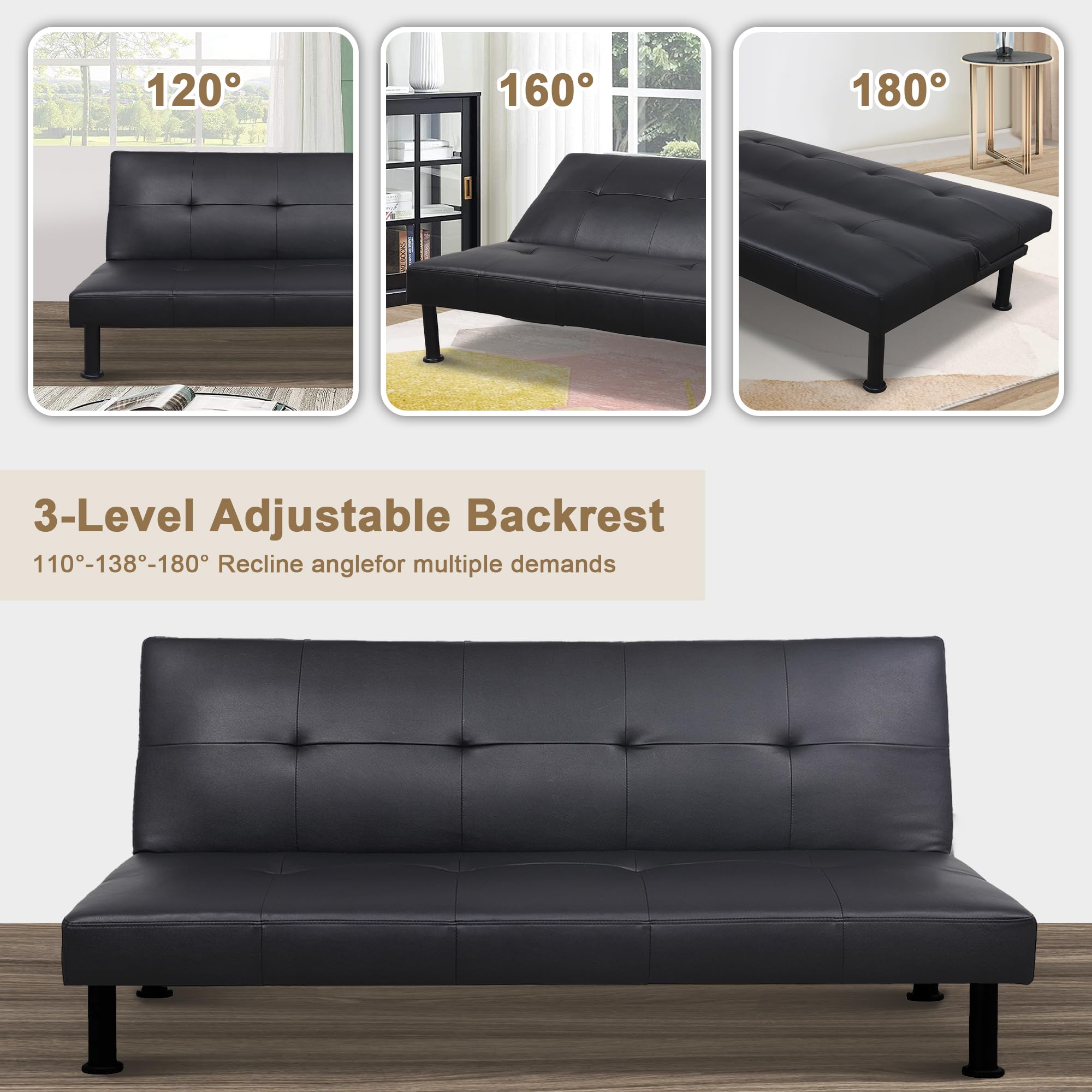 Aukfa Modern Futon Convertible Sofa Bed for Home Office, Tufted Back, Leather, Black