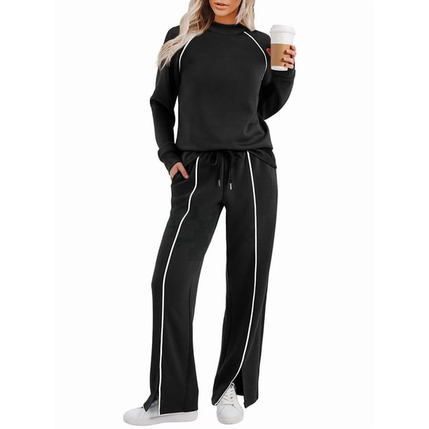 Conjuntos de Salón para Mujer, Conjuntos de 2 Piezas para Otoño, Pantalones Anchos, Conjuntos A Juego, Ropa de Mujer Negro M