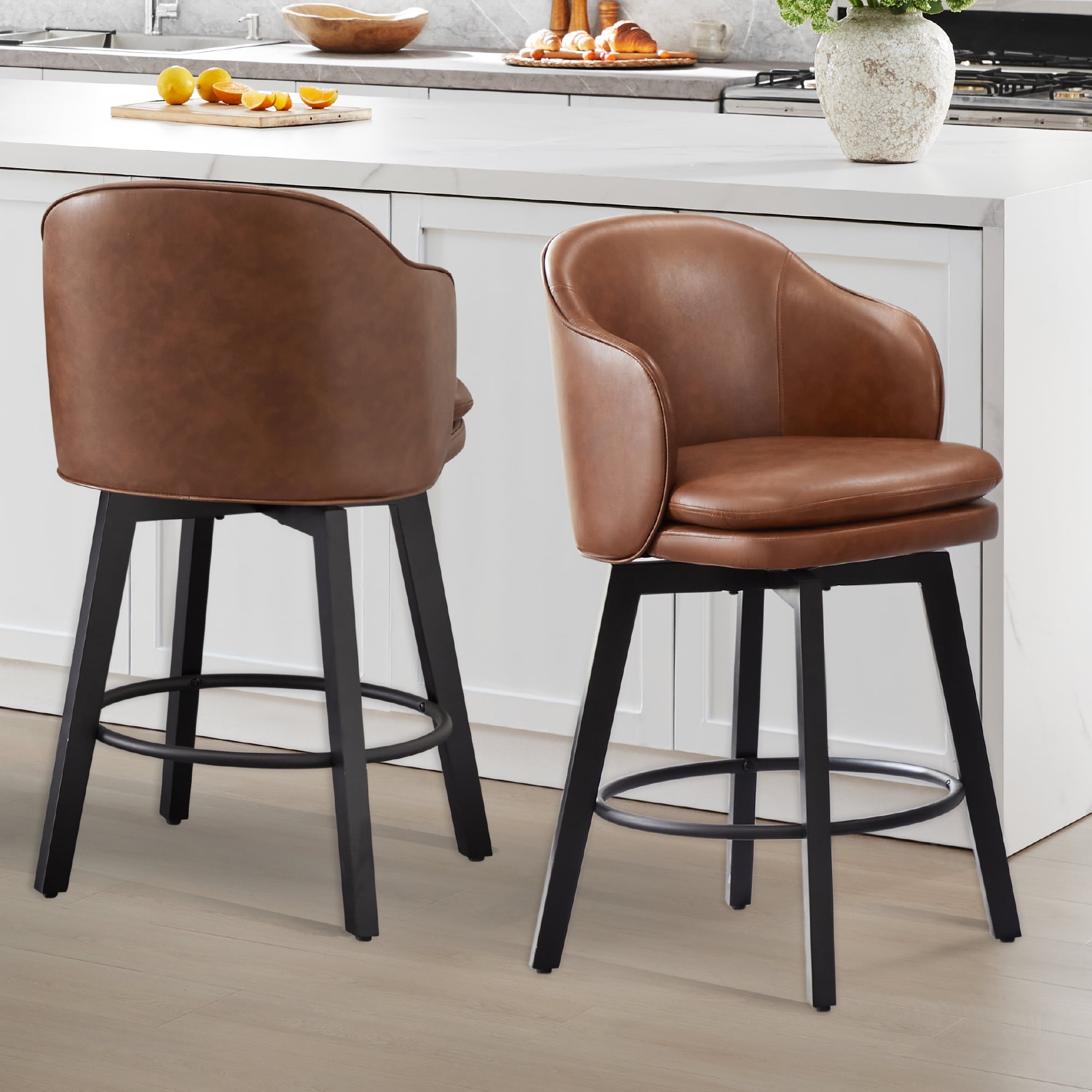 Spruce & Spring Counter Height Swivel Bar Stool with Curved Back and Arms Single, Brown, Faux Leather