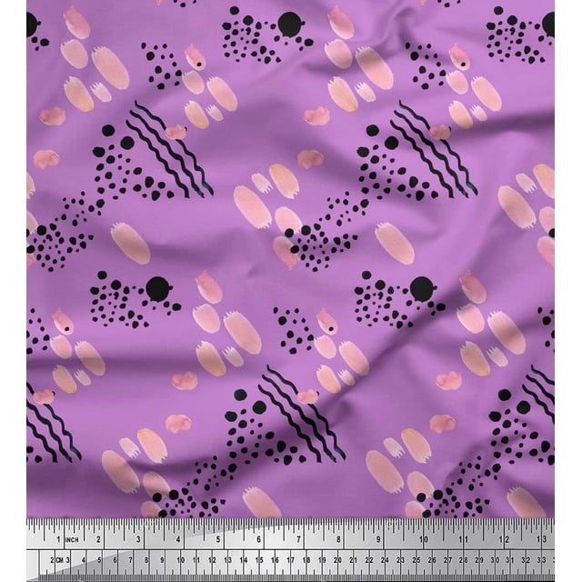 Soimoi Purple Silk Fabric Brush Stroke & Dots Abstract Printed Fabric 1 Yard 42 Inch Wide
