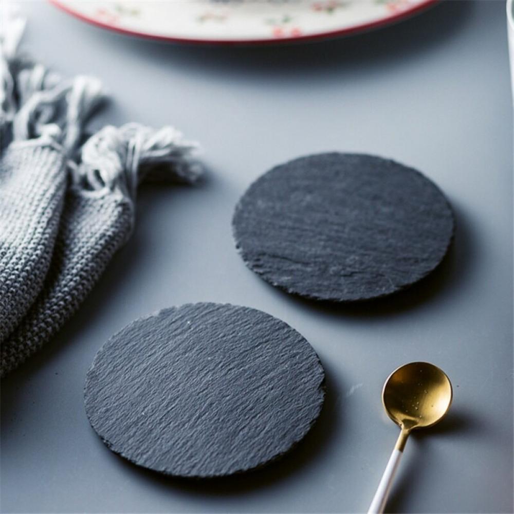 Slate Stone Coasters Round Black Natural Edge Stone Drink Coaster Pad Serving Plate for Bar and Home 10/15/20CM - image 5 of 6