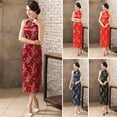 thumbnail image 2 of Women Summer Cheongsam Stand Collar Printing Off Shoulder Backless Split Hem Hollow Out Sleeveless Qipao Slim Fit Retro Chinese Style Banquet Party Cocktail Dress, 2 of 7