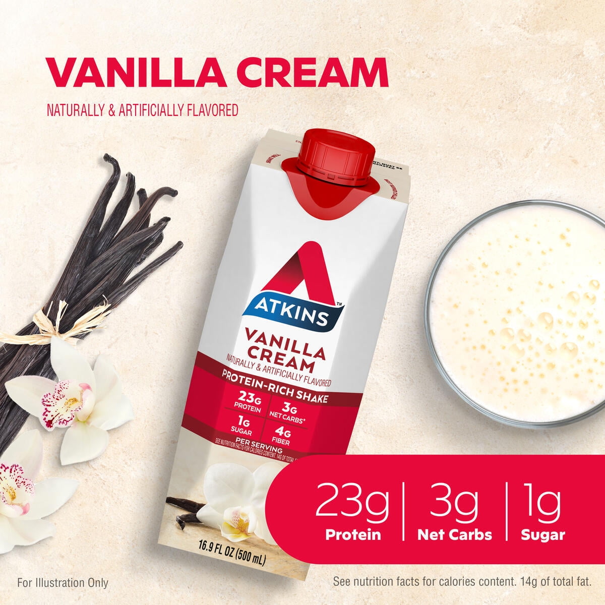Atkins Meal Size Protein-Rich Shake, Vanilla Cream, 16.9 fl oz, 3/4ct Packs