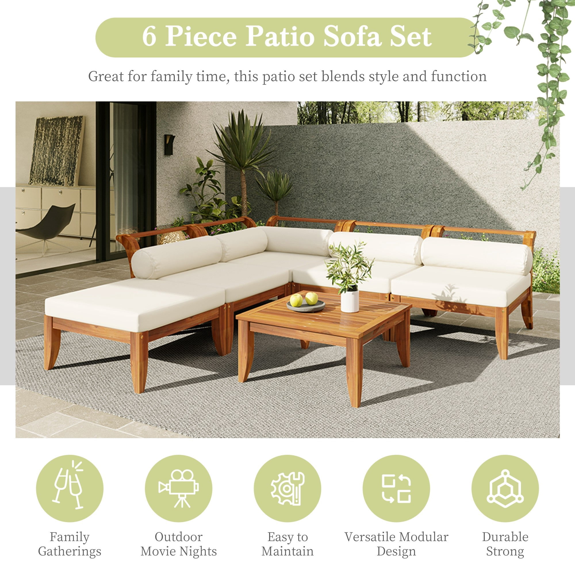 Sailvan 6pc Outdoor Patio Sectional Furniture Set,Acacia Wood L-Shaped Conversation Sofa with Ottoman & Tea Table,Weather Resistant,Teak/Beige