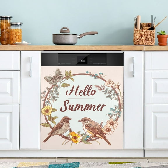 Hello Summer Flower Bird Butterfly Dishwasher Magnet Cover Magnetic Fridge Door Cover Home Kitchen Decor 23"x 26"