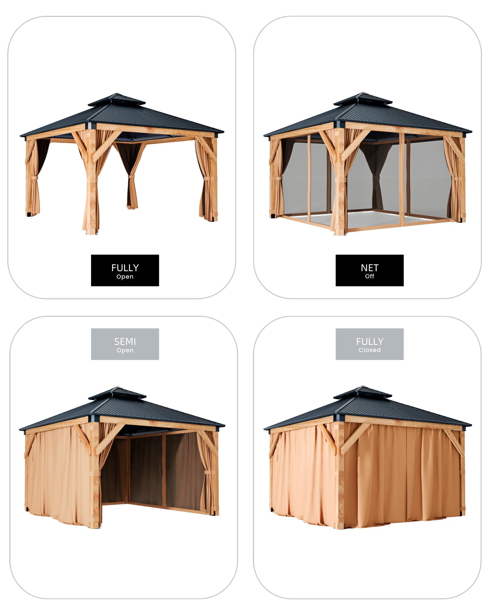 Outdoor living10x10ft Hardtop Gazebo Double Roof Canopy Wood, 4-Post Wooden, Curtain&Netting,Permanent Gazebo Pavilion