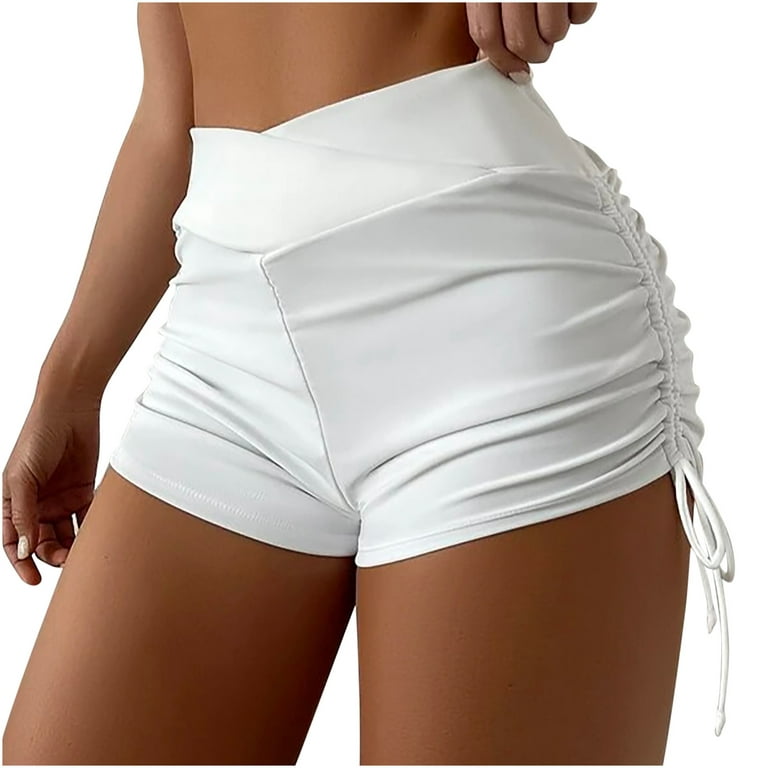 JWZUY Women's Ruched Shorts Drawstring Side Crisscross High Waist Workout  Yoga Skinny Shorts White L 