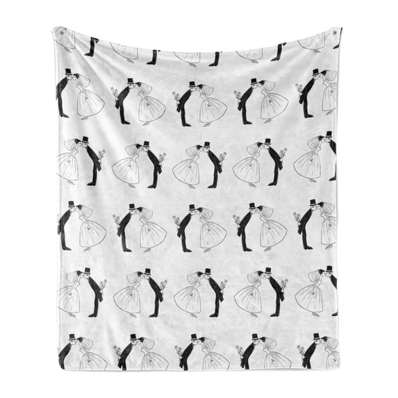 Kissing Soft Flannel Fleece Blanket, Hand Drawn Marriage Composition of Multitude Repetitive Newlyweds Motifs, Cozy Plush for Indoor and Outdoor Use, 50" x 70", White Charcoal Grey, by Ambesonne