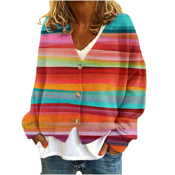 Kilaqueen Cardigan Sweaters for Women Striped V Neck Long Sleeve Cardigan Soft Basic Lightweight Casual Coat