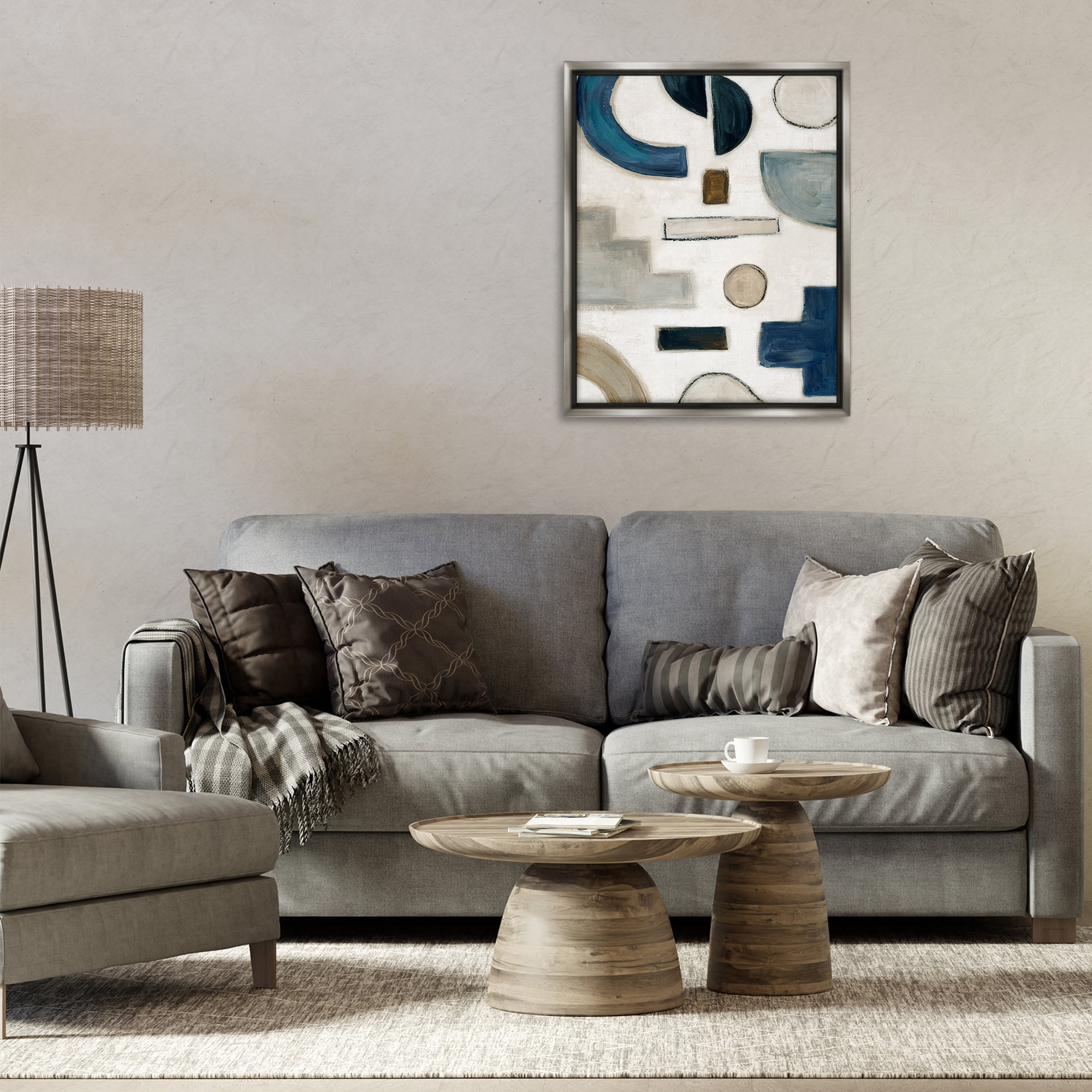 Stupell Industries Neutral Shapes Blue & Beige Abstract Painting Gray Floater Framed Canvas Art Print Wall Art, 25 x 31