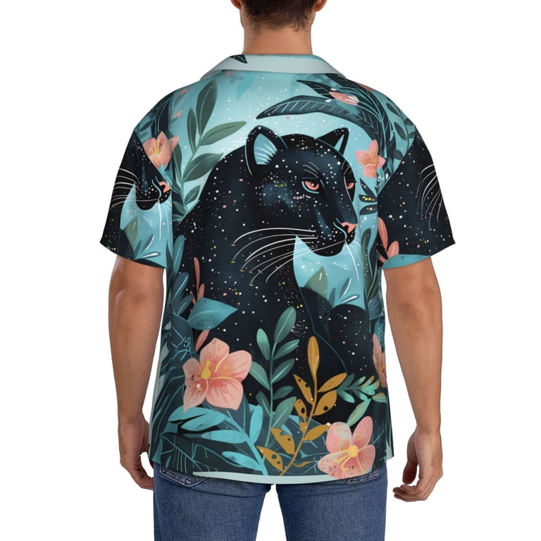 Cauagu Black Panther Floral Illustration Men's Short Sleeve Button