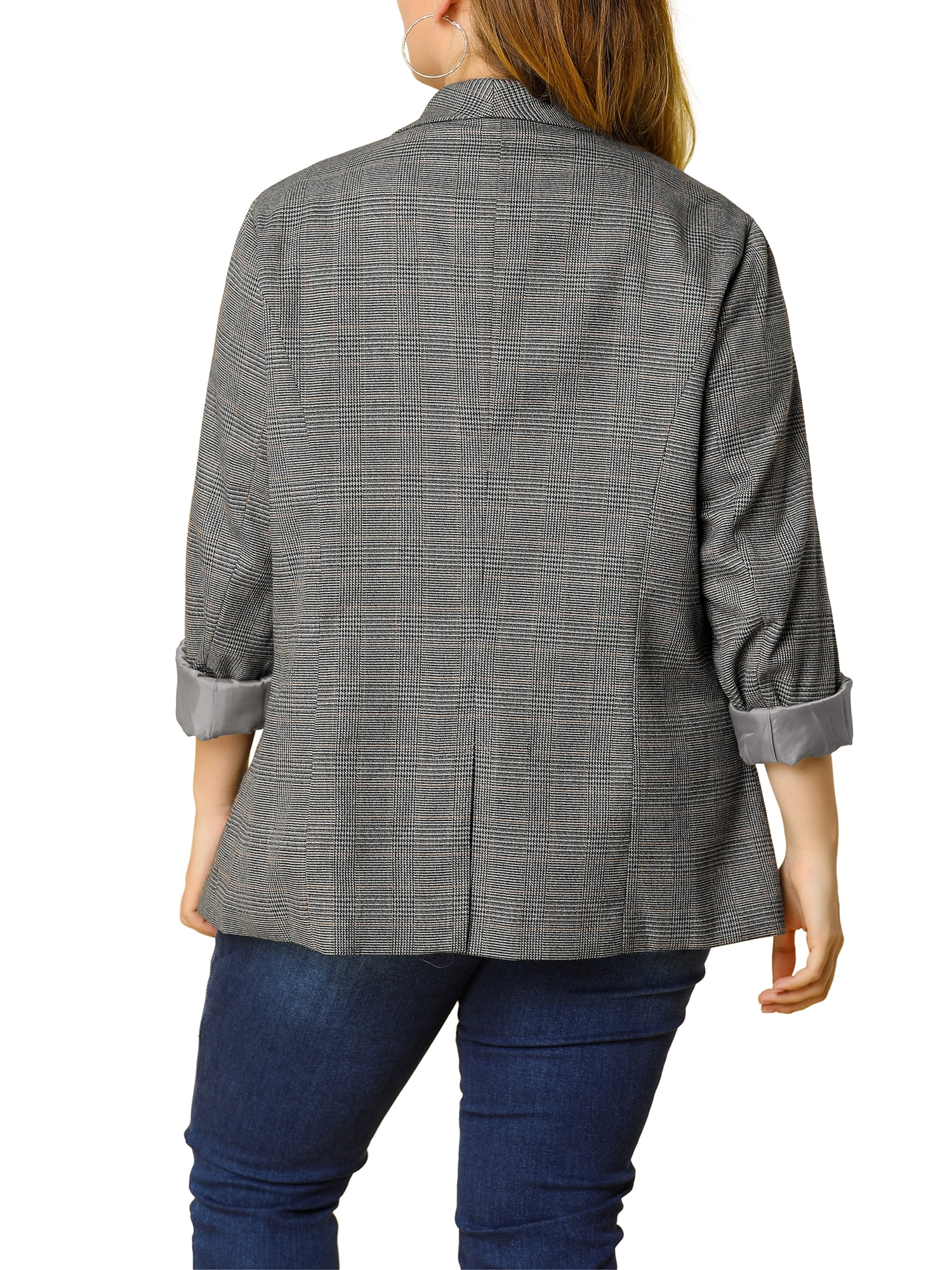 Unique Bargains Juniors' Plus Size Plaid Notched Lapel Collar Blazers