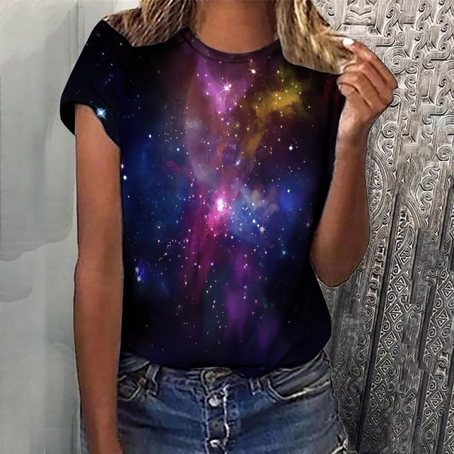 Aqestyerly T-Shirt à Manches Courtes Col Rond Imprimé Ombré pour Femmes - Hauts Mode Décontracté Blouse Ample Dégradé de Pierre T-Shirt Col Rond Blouse Imprimée