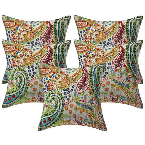 Stylo Culture Ethnic Decorative Throw Pillow Covers 16x16 Floral Kantha White Printed 40cm x 40cm Home Decor Cotton Paisley Square Cushion Covers | Set Of 5