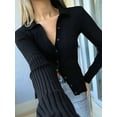 thumbnail image 6 of Women'S Casual Simple Solid Color Long Sleeve Shirt Wool Top Button Striped Lapel Work Shirt Black S, 6 of 8