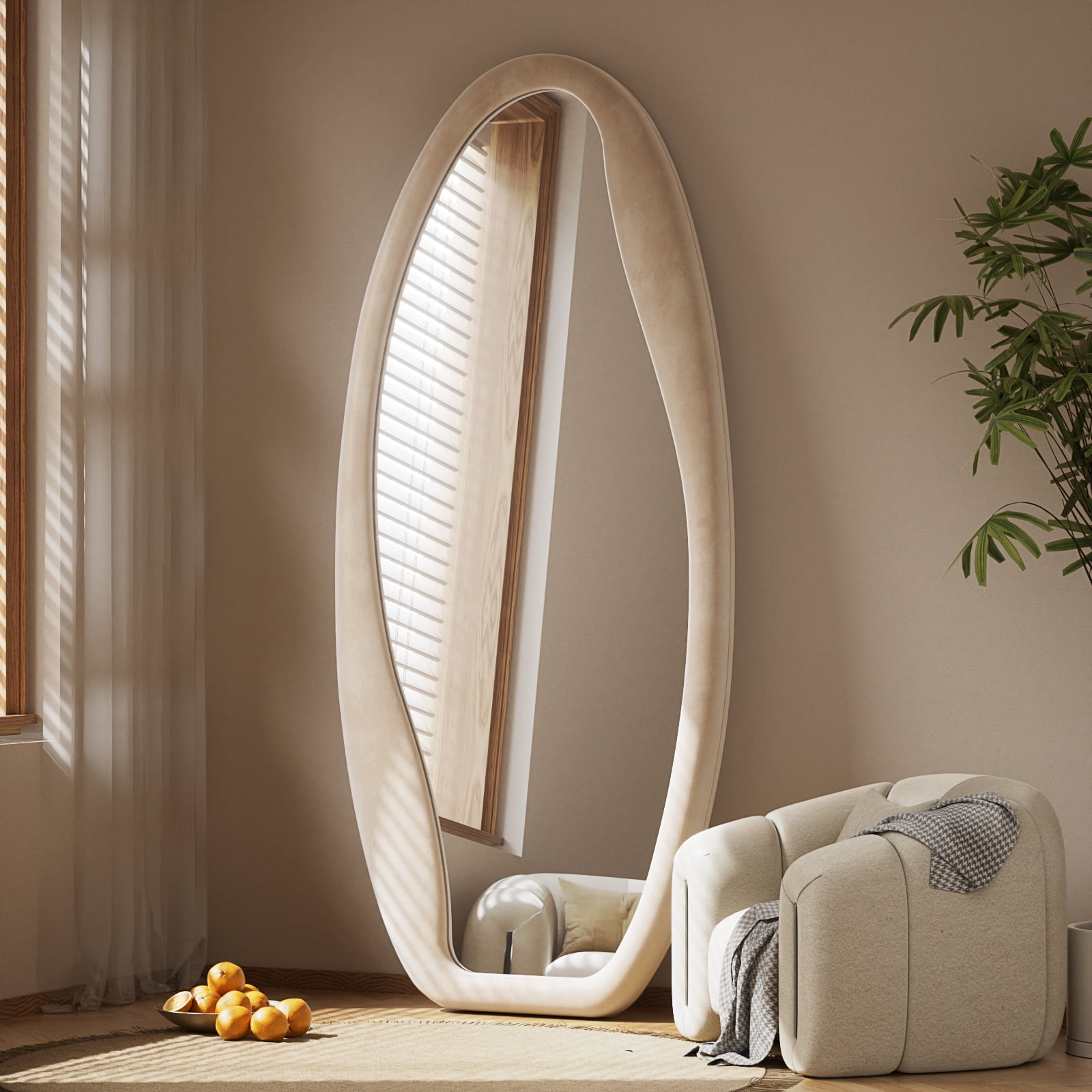 Anyrose 63"x24" Irregular Full Length Mirror Wavy Floor Mirror With Flannel Frame, White