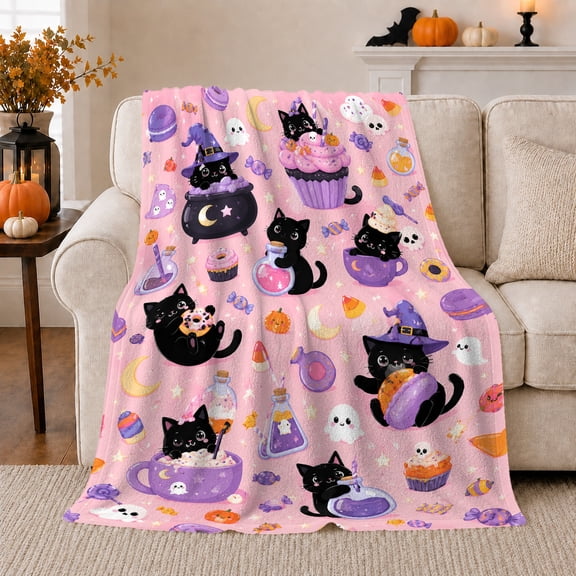 Adorable Black Cats autumn celebration, Playful Pet Portrait Pattern, Warm Flannel Blanket for Living Room and Bedroom with Detailed Artwork, Cat Lovers autumn celebration Gift, Pet Lover Home Decor