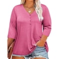 thumbnail image 2 of Womens Plus Size 3/4 Sleeve Tops Casual V Neck Three Buttons Tee Shirts Basic Loose Fit Tunic Blouse Summer 2025, 2 of 6