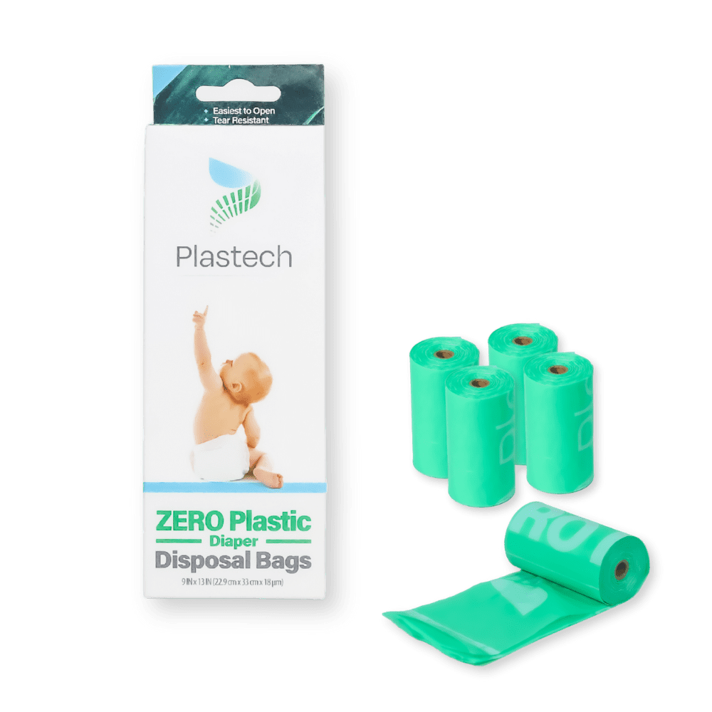Plastech Diaper Disposal Bags - ZERO Plastic, 100% Certified Home Compostable, Plant-Based, 9 x 13 inches, 600 Bags, 40 Rolls, 8 Boxes, Green