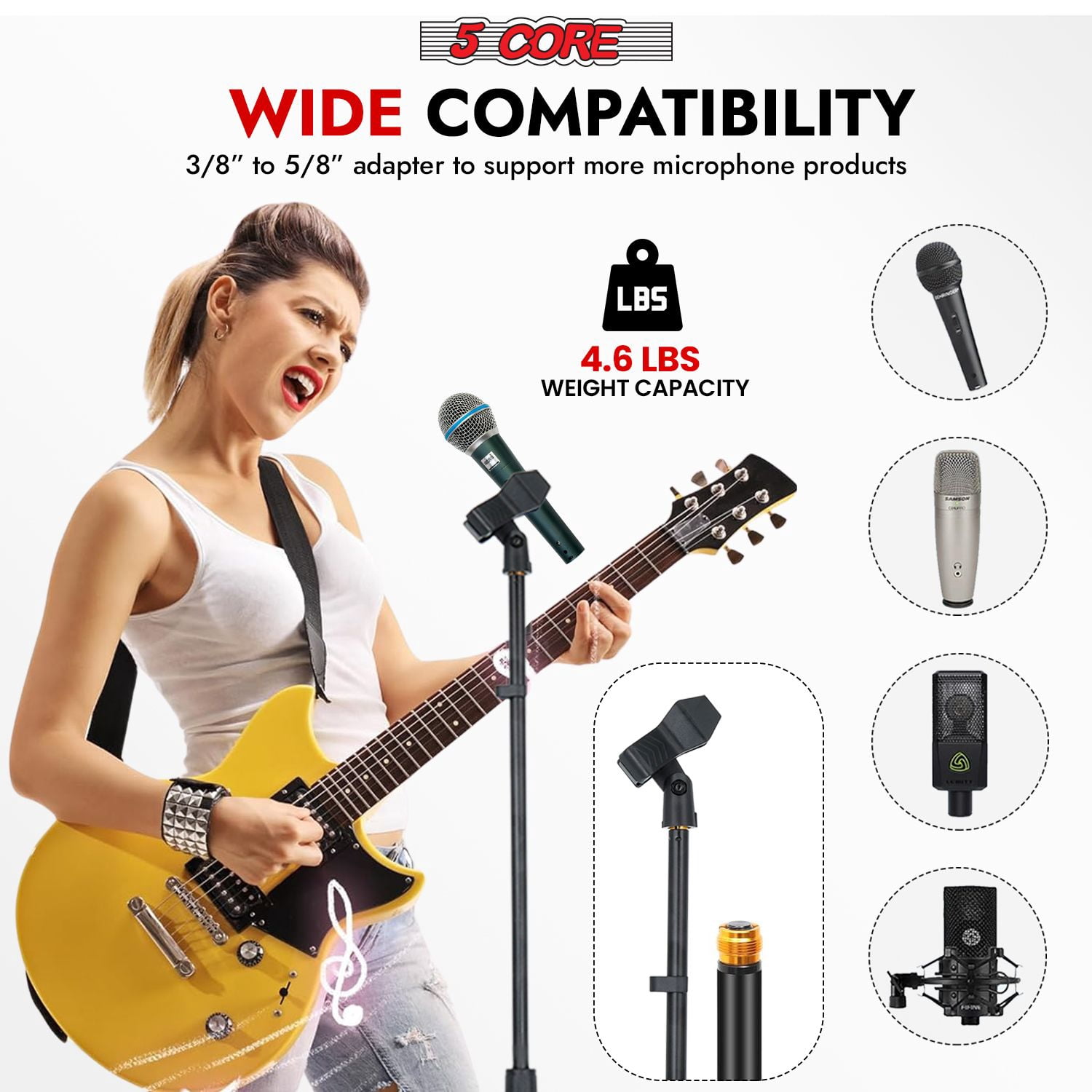 Heavy Duty Adjustable Floor Mic Stand 2-Pack (37.5-70") w/180° Angle & Cable Clips - Weighted Base, 4.6lb Capacity