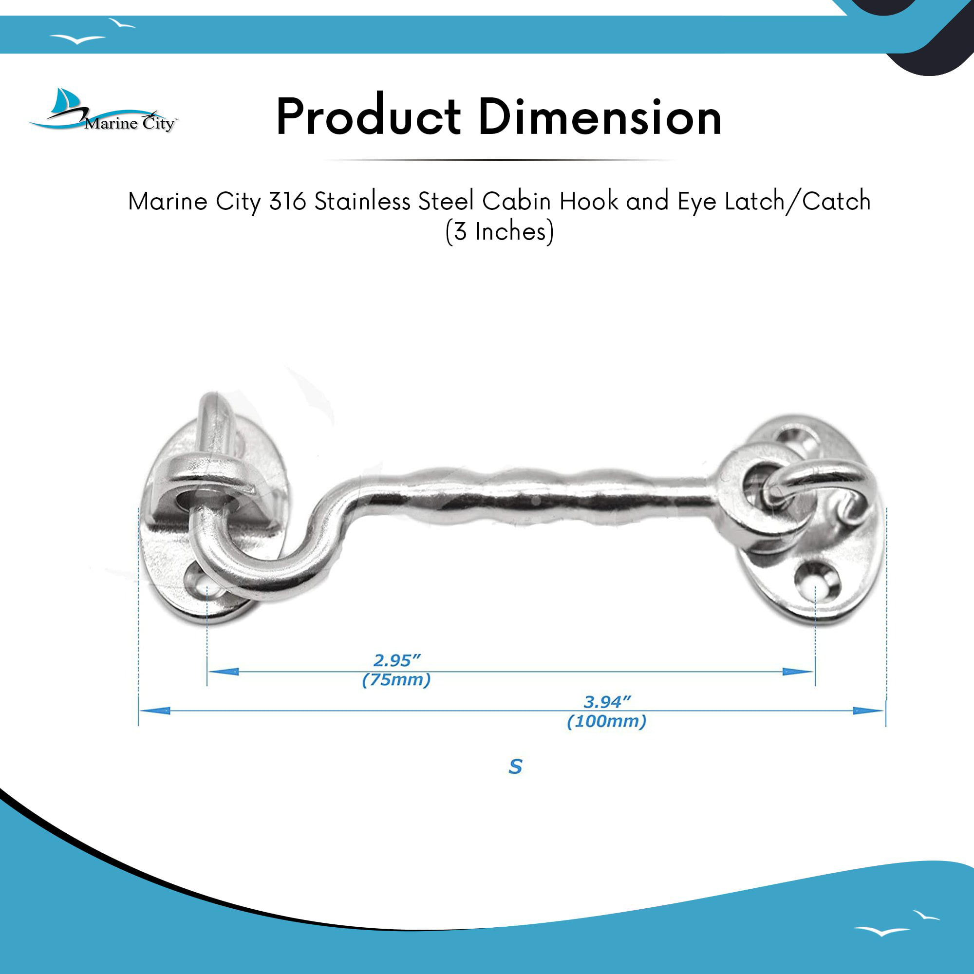 Marine City 316 Stainless-Steel Cabin Hook and Eye Latch/Catch 3