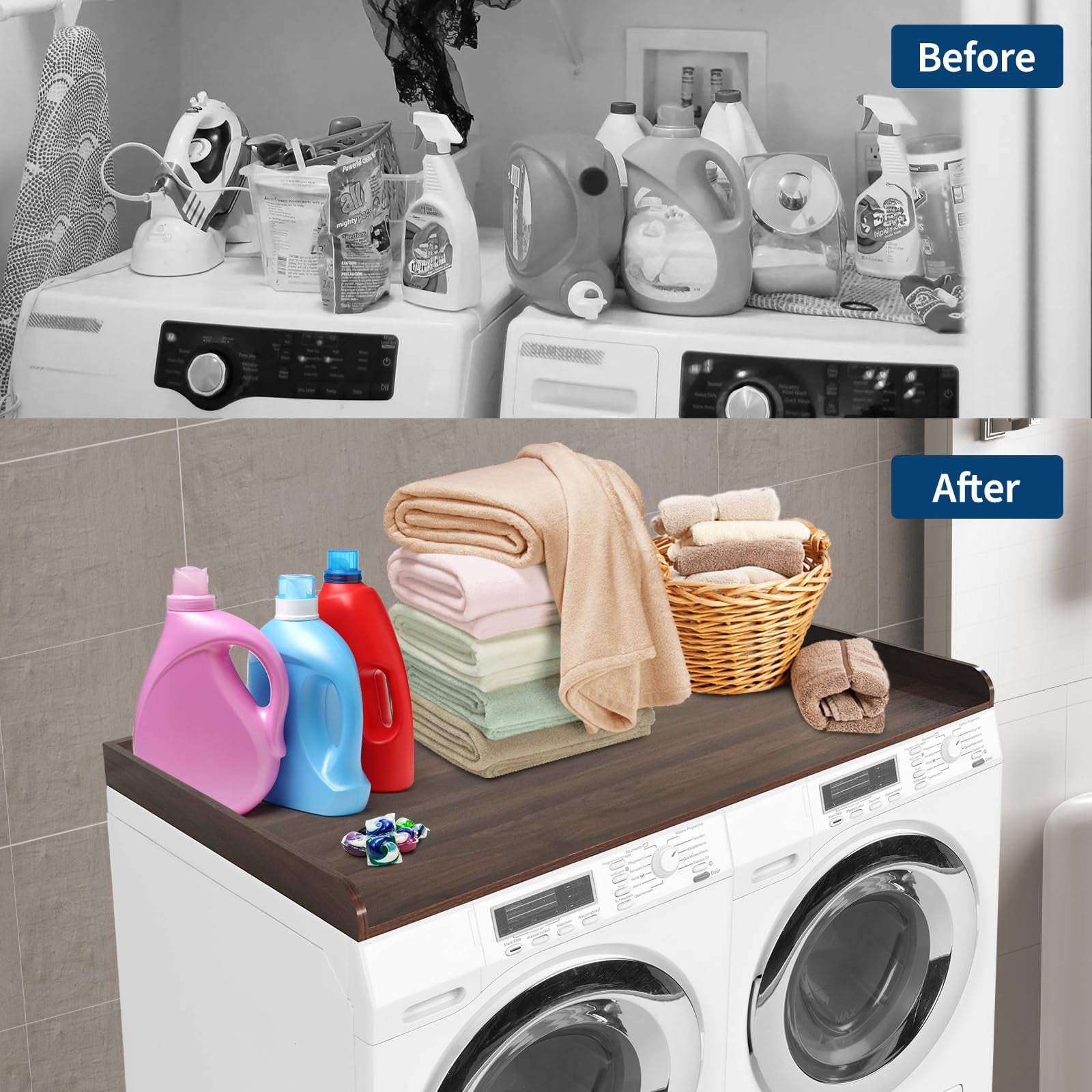 Huisuilinss Washer Dryer Countertop,Laundry Countertop,Wood Washer And Dryer Covers,Washer And Dryer Countertop With 2.75" H Edge Rails,Anti-Slip Pads For Laundry Room Organization And Storage