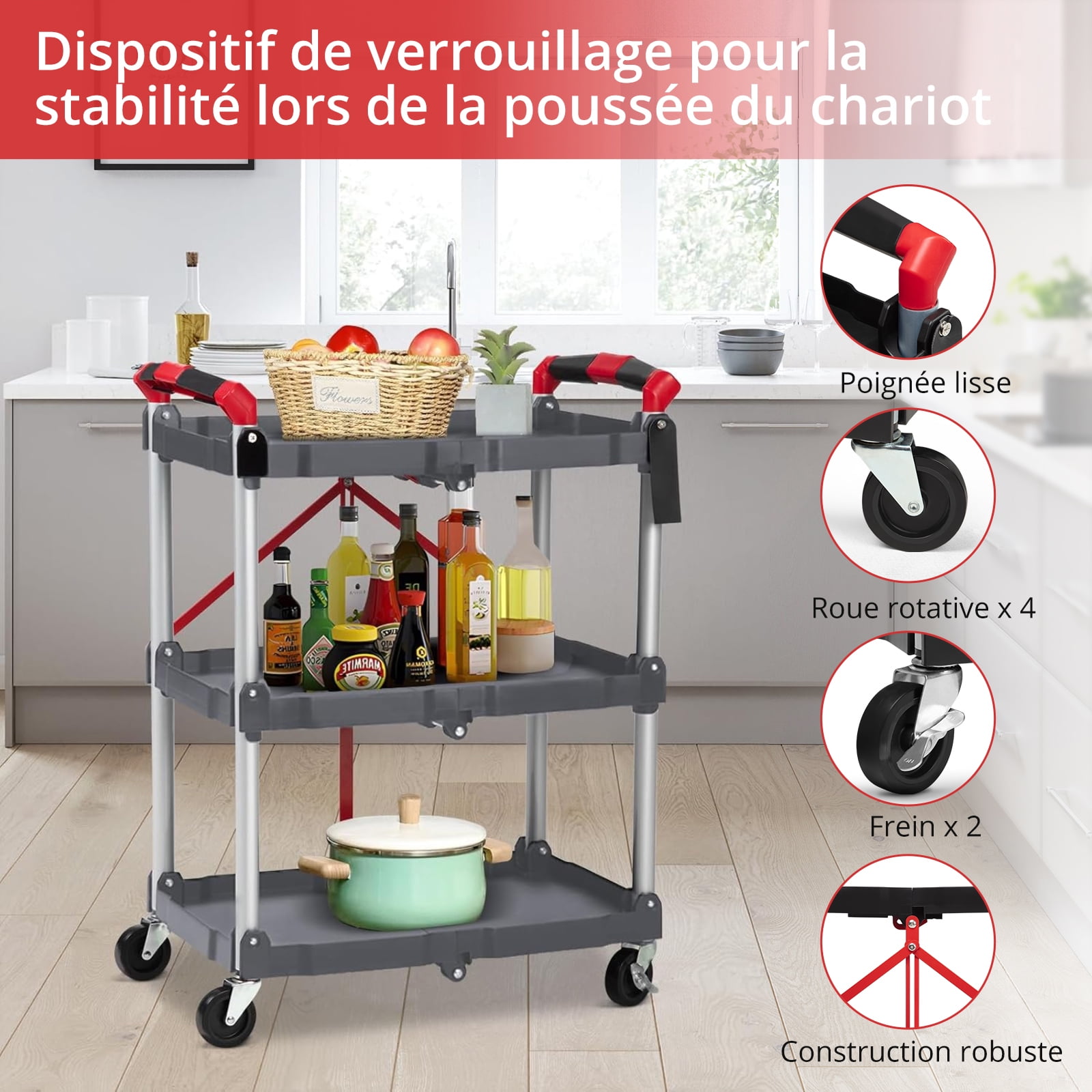 3-Tier Collapsible Service Cart with Locking Wheels, No Assembly Rolling Utility Wagon for Home, Office, Garage and Warehouse Storage & Transport